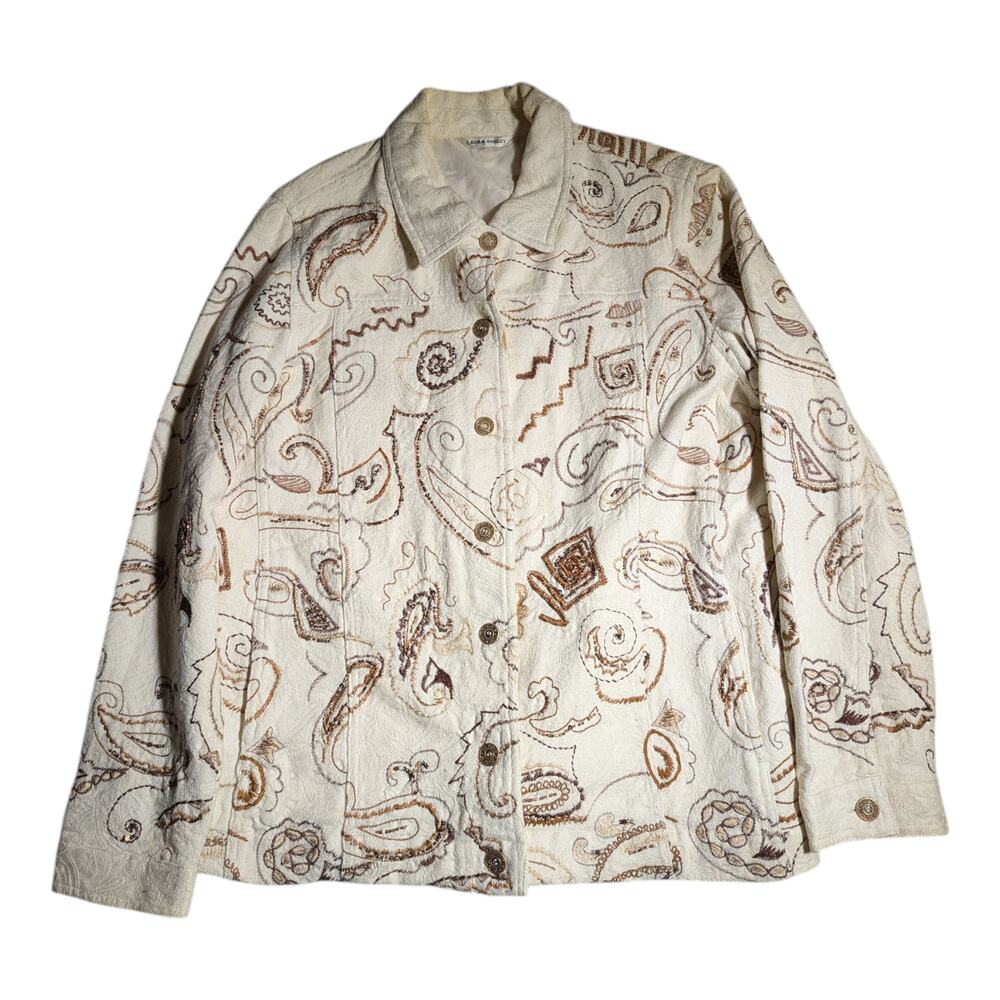 Vtg 1990s Laura Ashley Ivory Cotton Brown Abstract Paisley Embroidered Jacket M